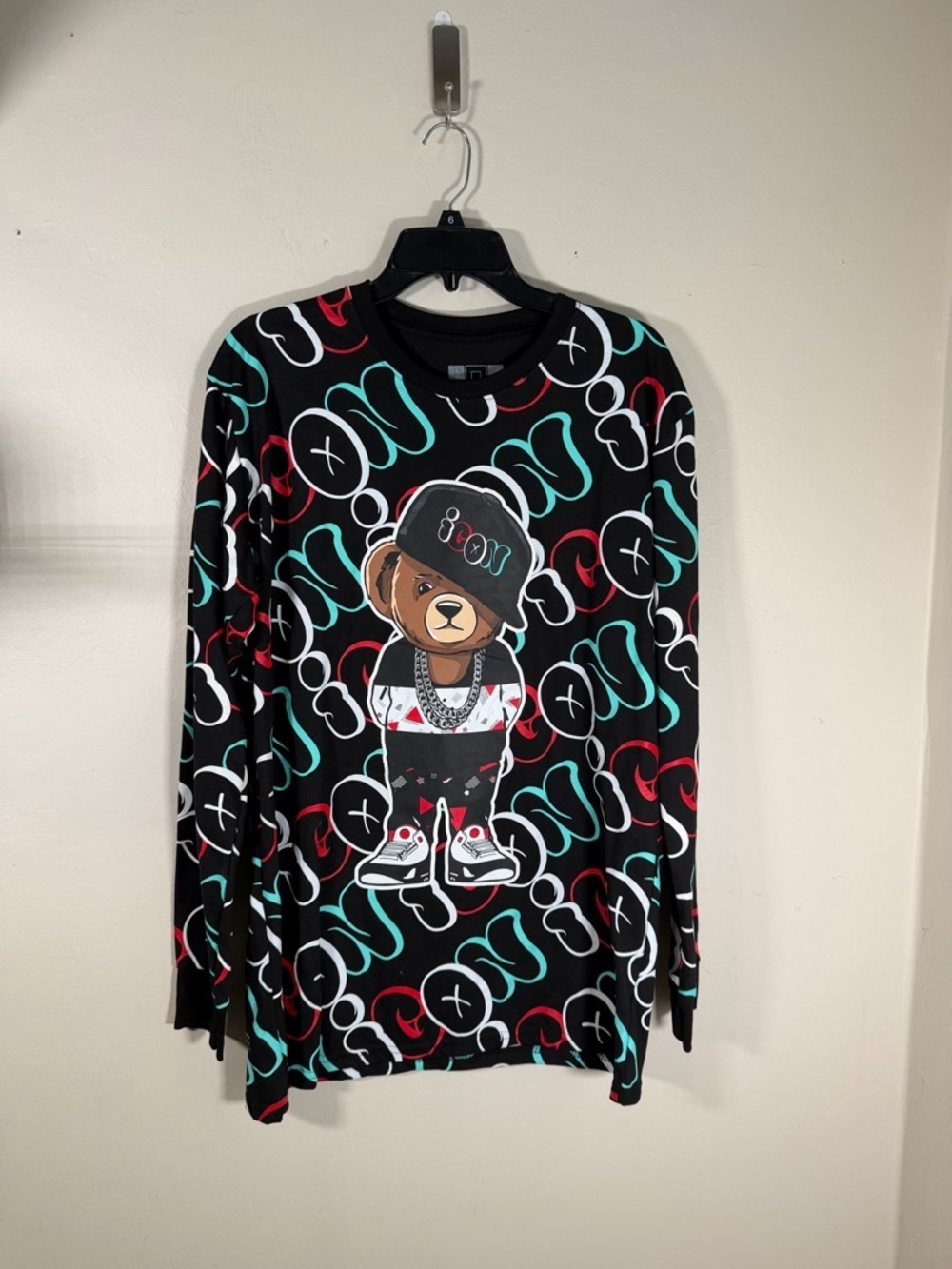 Hustler Hollywood Black Graphic Long Sleeve Tee with Multicolor Bear Print
